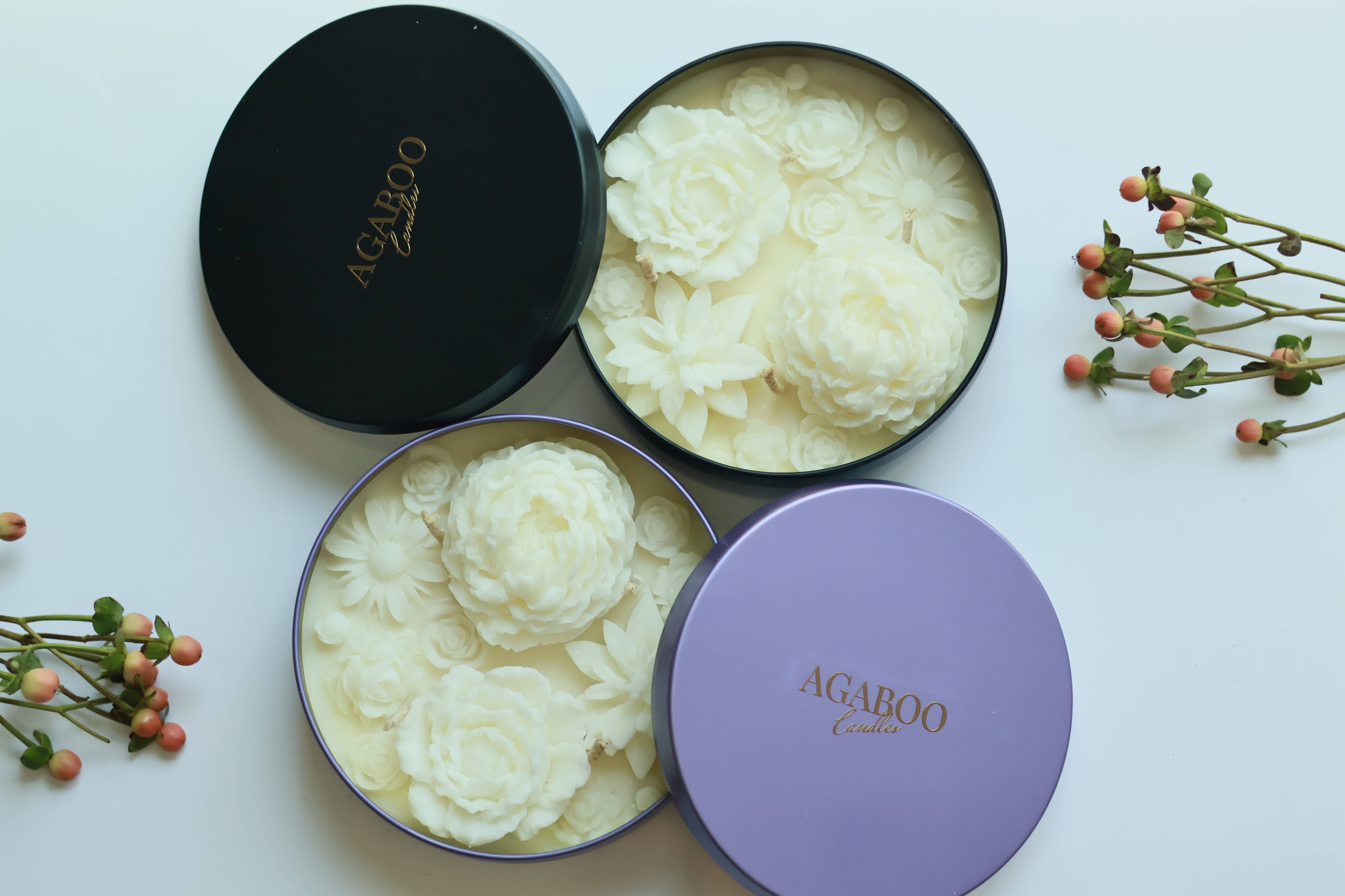 Agaboo Candle – Großhandel Kerze im Glas / gefüllte Kerze – Handgefertigte Flower Blossom Kerze 340 g (12 oz), 2x14 cm – Metallbehälter1