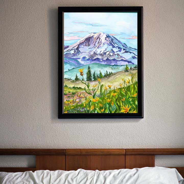 Wild Life Design Co. - Venta al por mayor Ilustración - monte. Lámina de acuarela Rainier | Arte de pared de las montañas de Washington2
