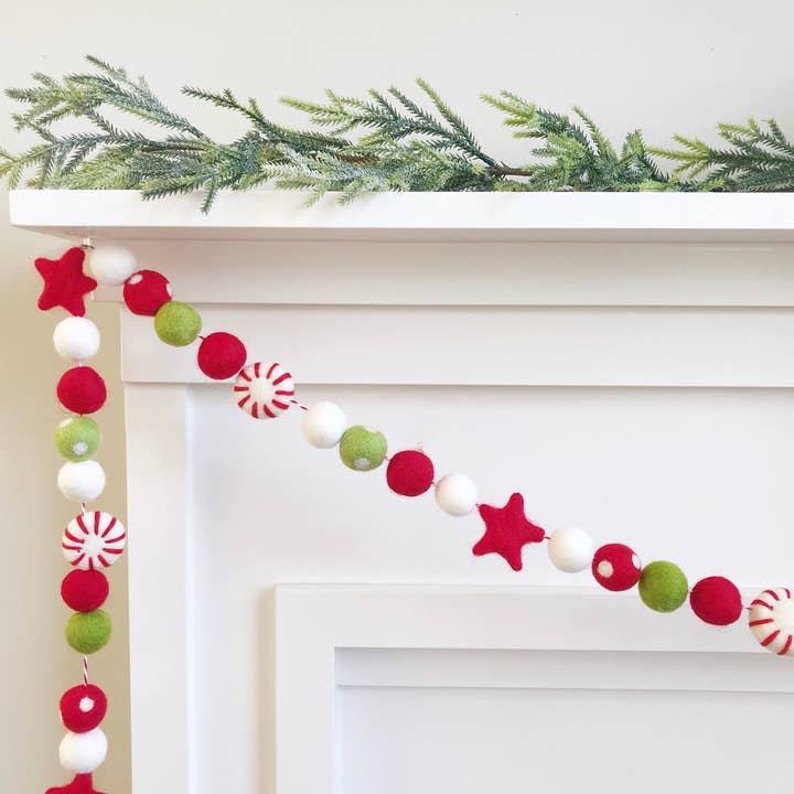 Jolly Peppermint Candy Felt Ball Garland for wholesale by Pearl & Jane