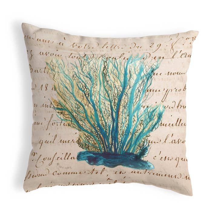 Blue Coral Beige Pillow for wholesale by Betsy Drake Interiors