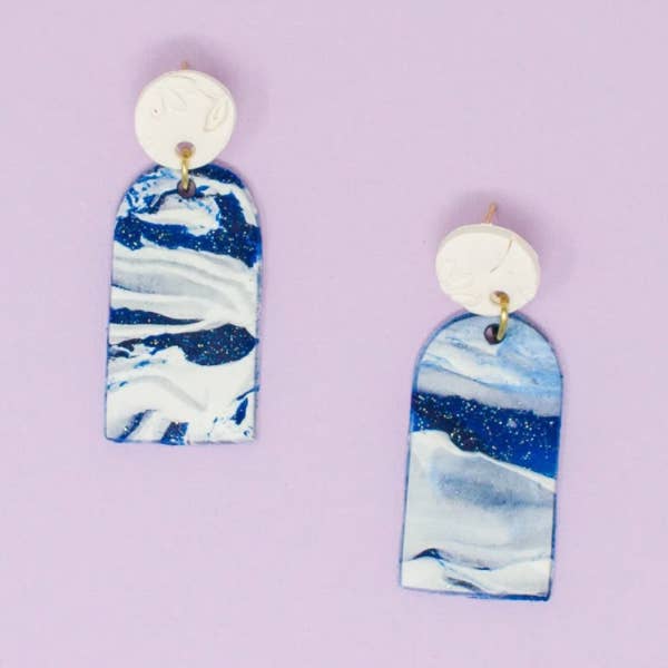 Blue & White Wave Charm Polymer Clay Handmade Stud Earrings for wholesale by Lin Clay Studios