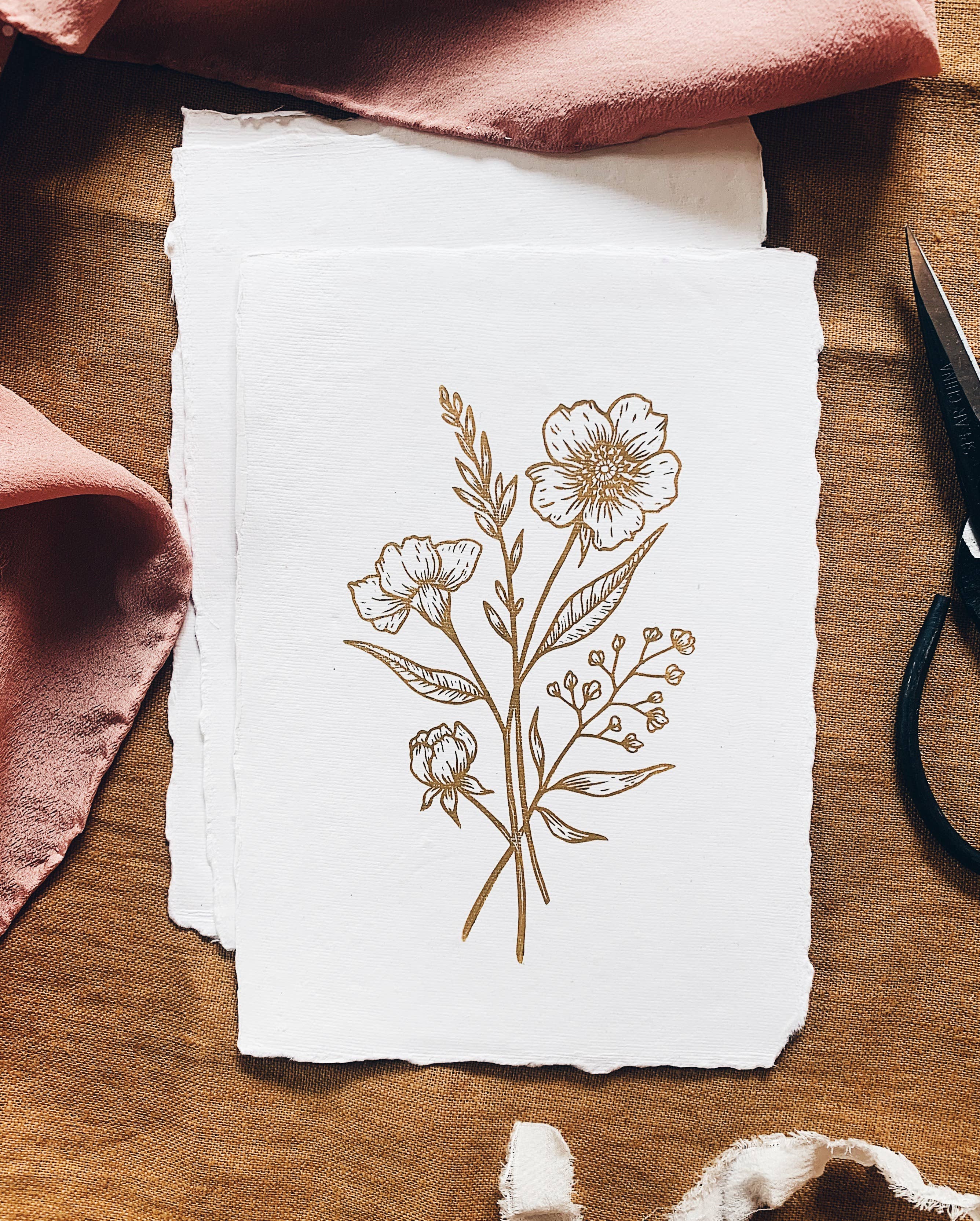 Flora West Design - Wholesale Art Print - 5x7 Spring Sprig Block Print on Handmade Paper