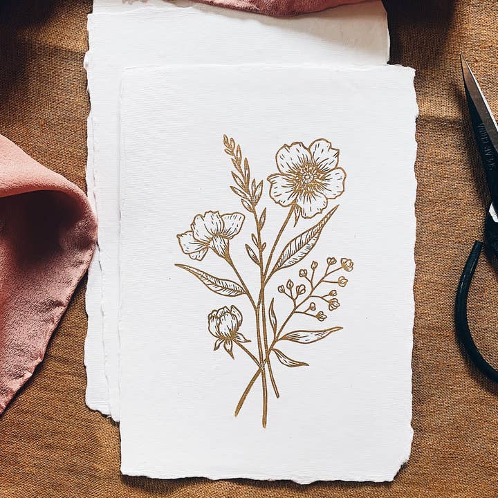 Flora West Design - Wholesale Art Print - 5x7 Spring Sprig Block Print on Handmade Paper