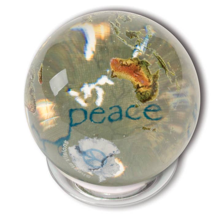 1.4" Clear Crystal Earth Orbacle - Peace in 37 Languages for wholesale by Shasta Visions