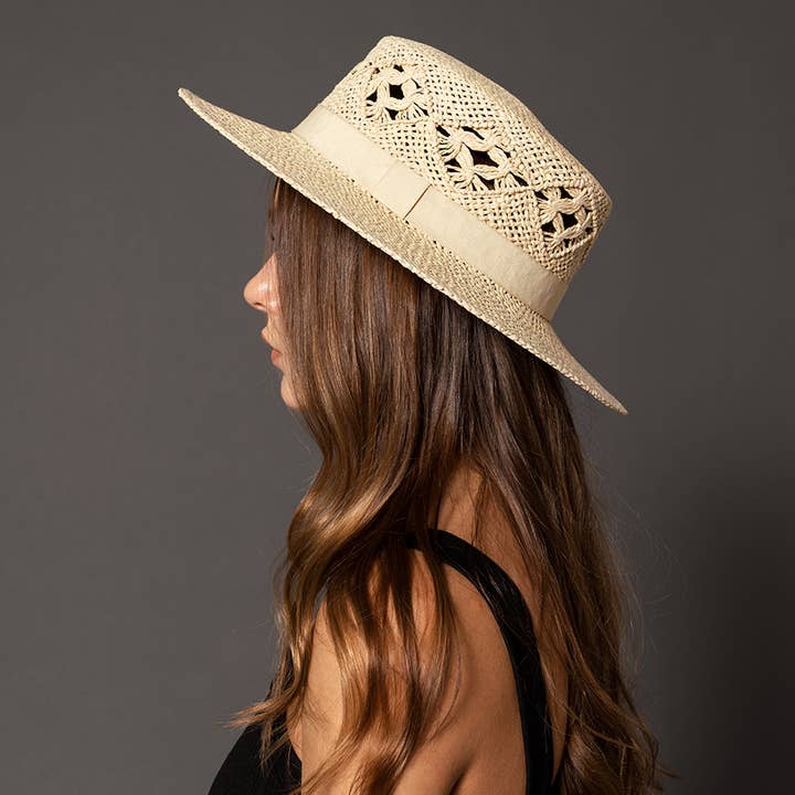Beige HAT2330 Auden Straw Boater Hat w/ Ribbon Trim for wholesale on Faire