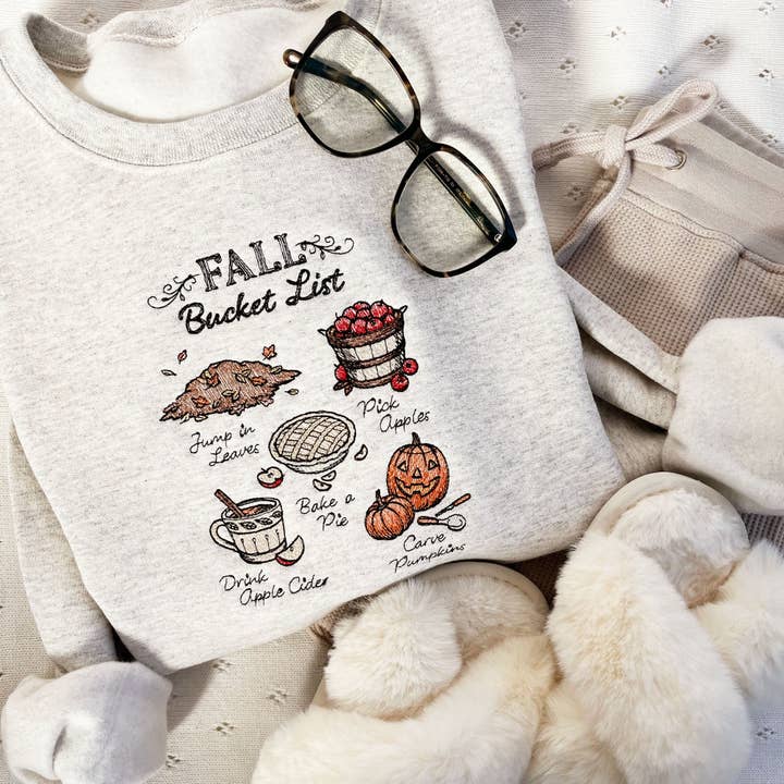 Stitched Fall Bucket List Embroidered Sweatshirt for wholesale by Arden & Gold