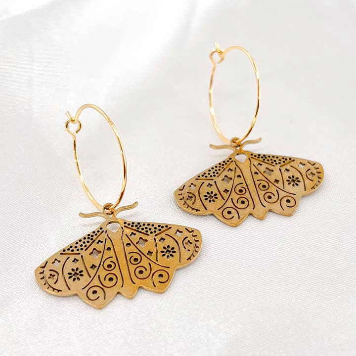 Golden Hour Designs - Wholesale Hoop Earrings - Gold Moth Hoop Earrings - Moth, Butterfly, Boho, Gold Hoops0