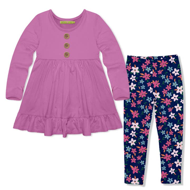 Kids Violet Long-Sleeve Babydoll Top & Floral Fancy Leggings for wholesale by Millie Loves Lily