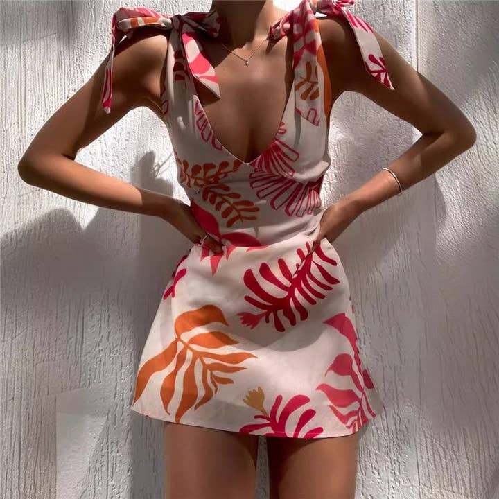 Vestido Mini Sem Mangas com Cinto e Estampa Floral por atacado de Sheer Trend