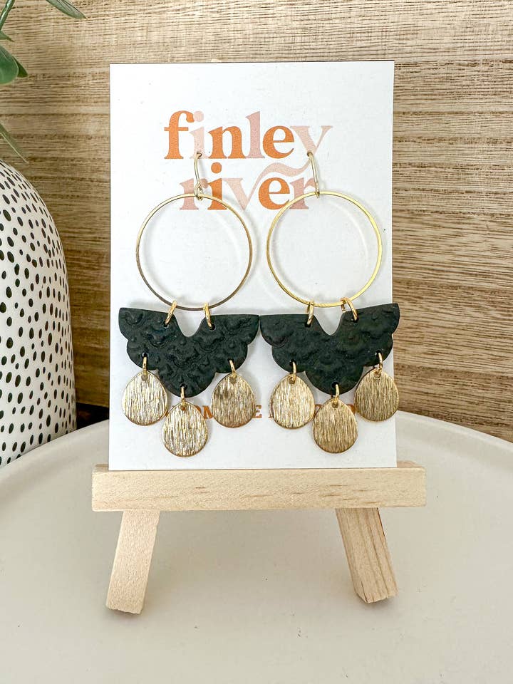 Trinity | Scalloped Black | Clay Earrings for wholesale by Finley River | Trendy Polymer Clay Earrings | Hypoallergenic