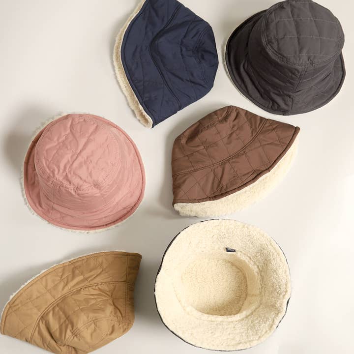 Solid Color Quilted Sherpa Reversible Bucket Hat for wholesale by Fashion City