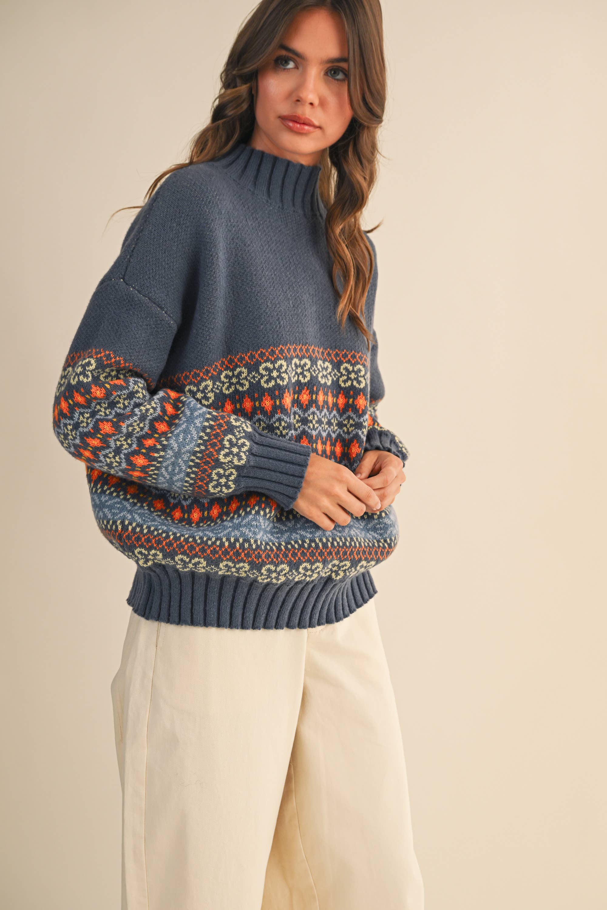 COMBO MARINE Haut de pull à col montant à motif rayé contrasté IT4443 en vente sur Faire4