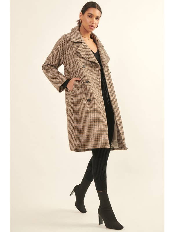 BROWN Houndstooth Double Breasted Long Sleeve Woven Coat for wholesale on Faire3