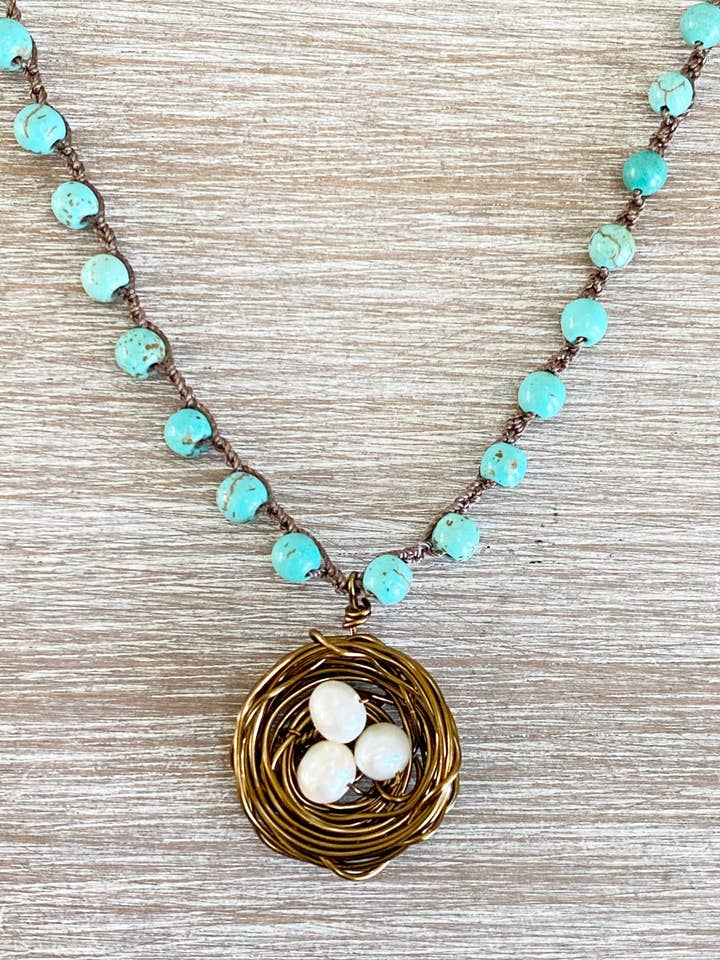 Turquoise & Freshwater Pearl Artisan Handmade Nest Necklace for wholesale by Twist Style