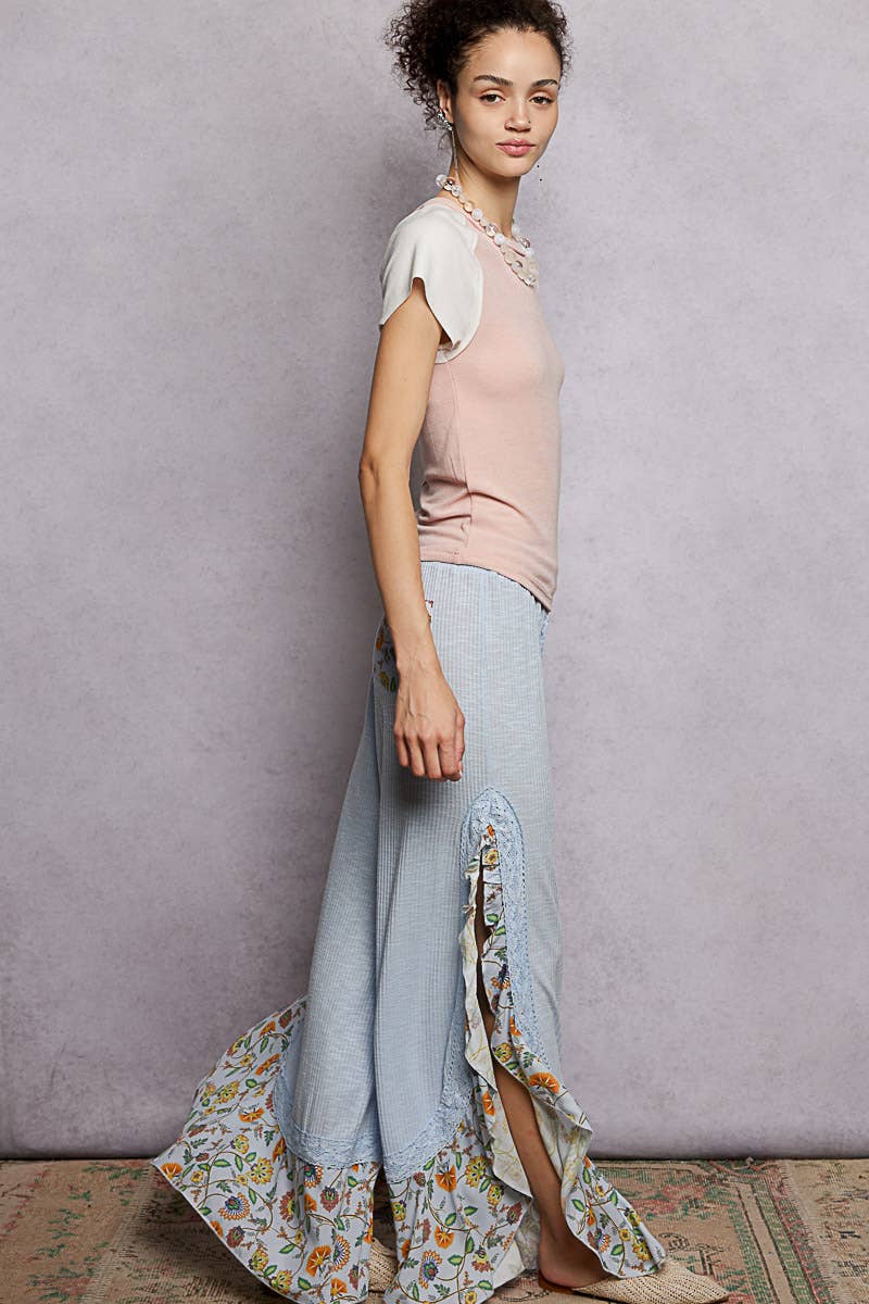 Pol Clothing - Wholesale Pants - Women's - Floral Pattern Ruffle Detail Ribbed Knit Pants4