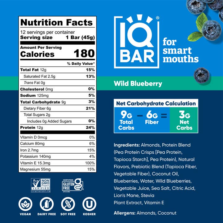 IQBAR - Wholesale Snack Bar - IQBAR Wild Blueberry | Brain + Body Keto Protein Bars