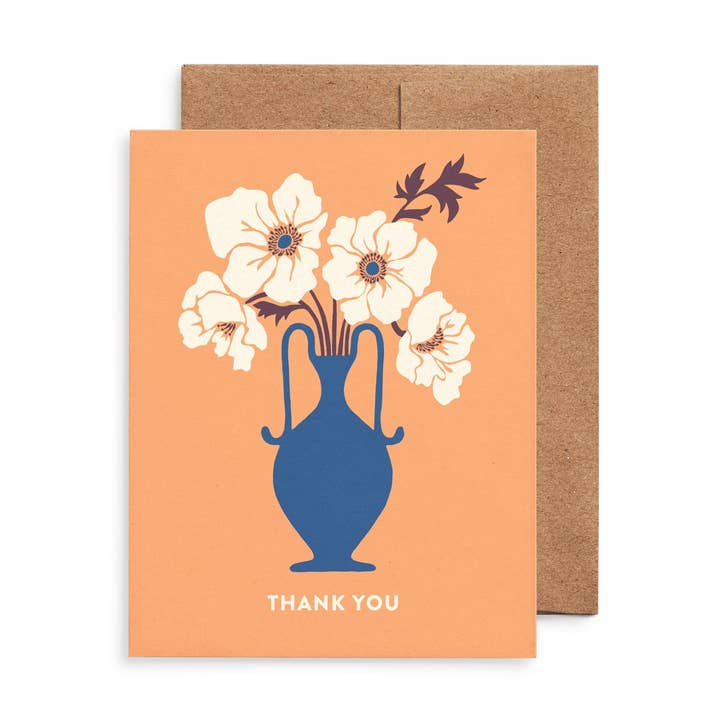 White Anemone Flower Vase Thank You Card: Original Art, Eco-Friendly for wholesale by Nuthatch Studio