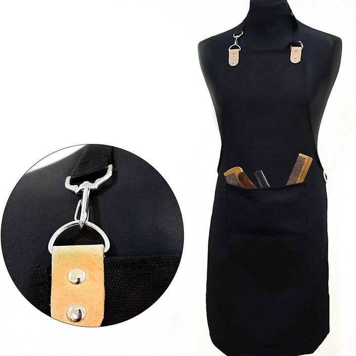 Avental de Barbeiro Personalizado Impermeável Preto com Bolsos e Alças de Couro por atacado de Haryali London
