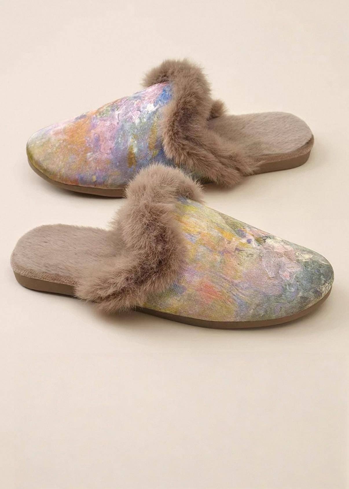Lian Collection – wholesale Slippers – Women's – Silk Winter Slippers – Faux Fur‑Lined Silk Mules, Impressionist Art Print, Indoor Gift Slippers8