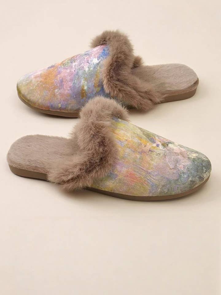 Lian Collection – wholesale Slippers – Women's – Silk Winter Slippers – Faux Fur‑Lined Silk Mules, Impressionist Art Print, Indoor Gift Slippers8
