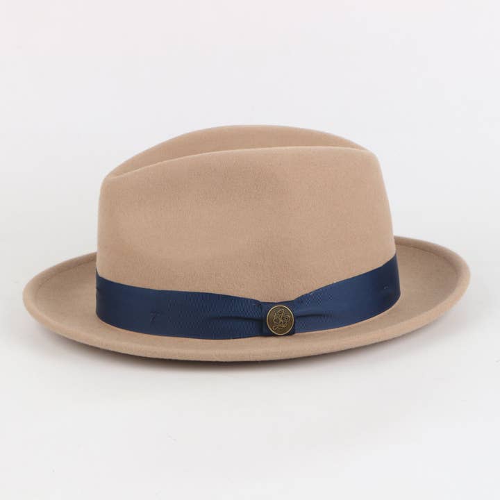 The Bowery Fedora | Fine Australian Wool Fedora Hat | Camel with Blue Band for wholesale by Steven Land