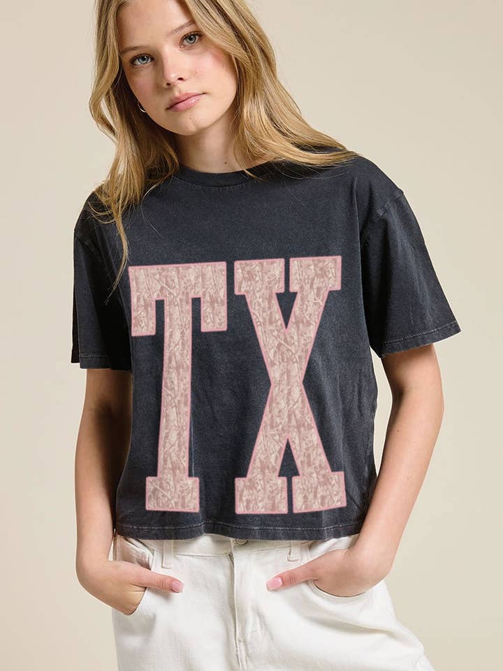 'PUFF' T-shirt graphique Texas manches courtes effet délavé faux crop top pour la vente par Zutter