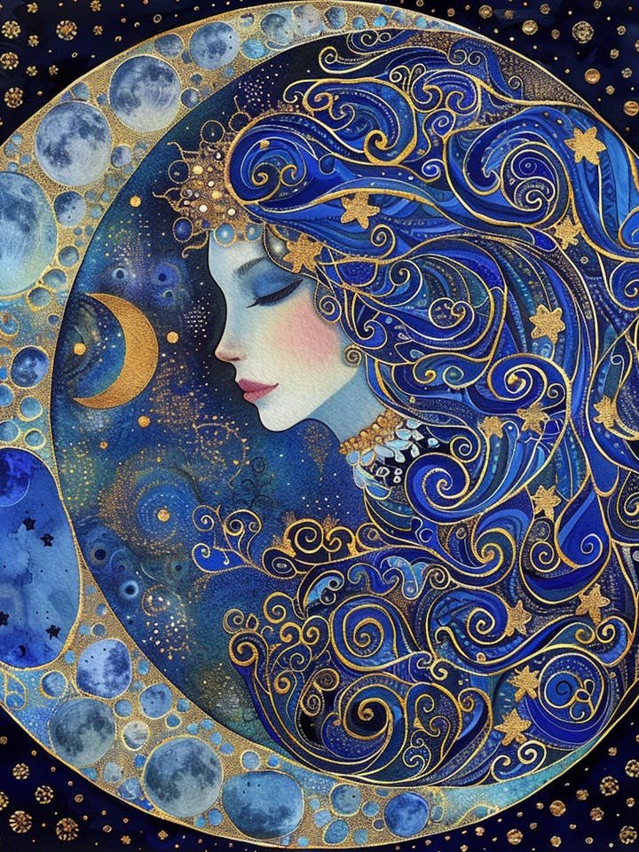 Beautiful Blue Moon Mystical Goddess Tambourine and Ribbon Wall Art, Bodhi Goddess for wholesale by Bodhi Leaf Market