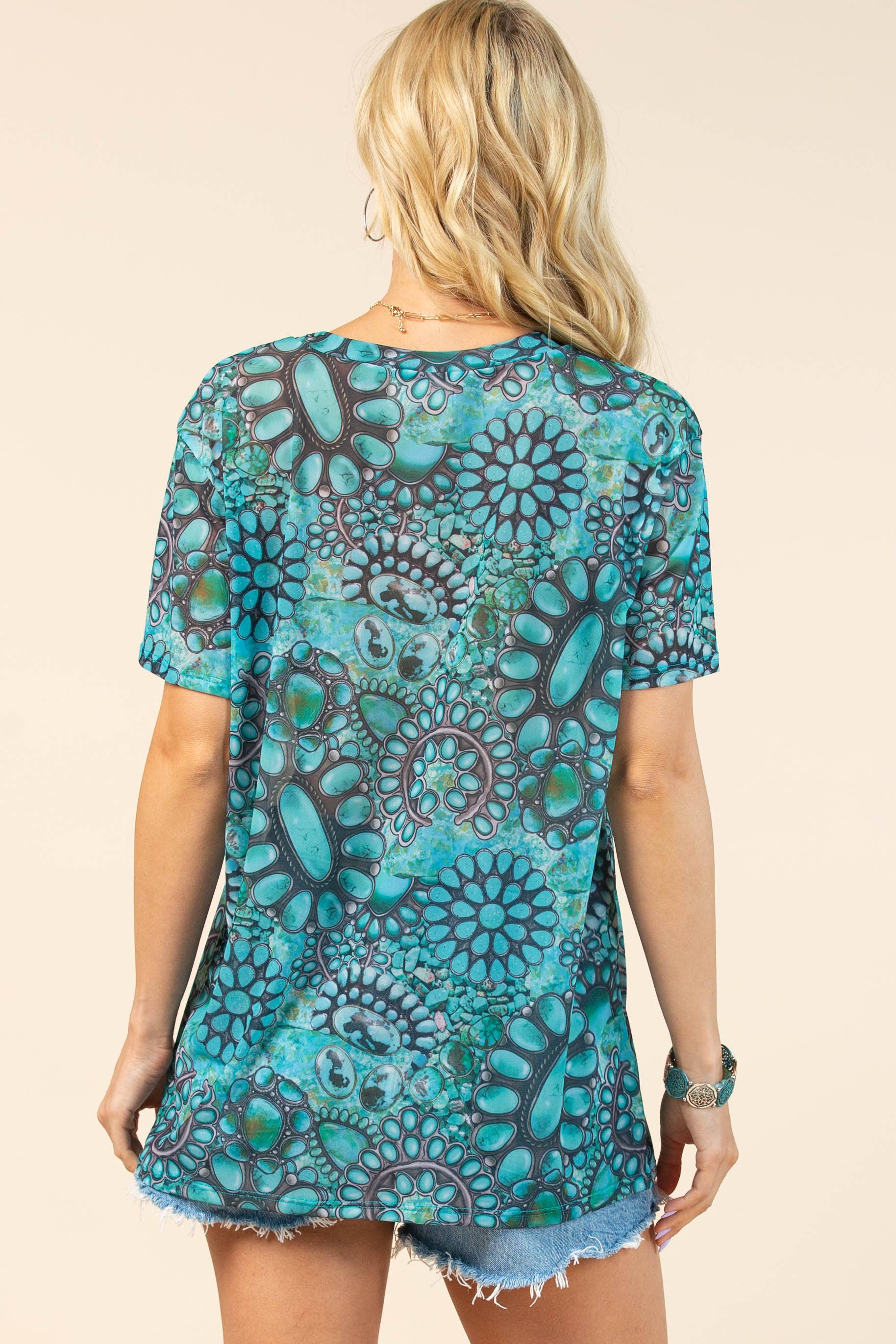 Turkoois AV1288-MARGO HALFDOORSCHIJNENDE TOP VAN MESH MET TURKOOISPRINT voor groothandel op Faire5