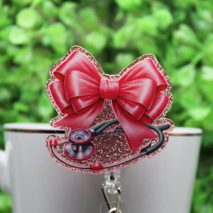 Pink Bow and Stethoscope on Glitter Badge/ID Holder Reel for wholesale by Hylidae Boutique