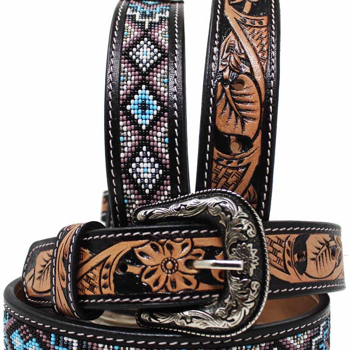 Kids Child Youth 1-1/4" Wide Western Floral Tooled Purple Beaded Leather Belt 26FK47C for wholesale by Challenger