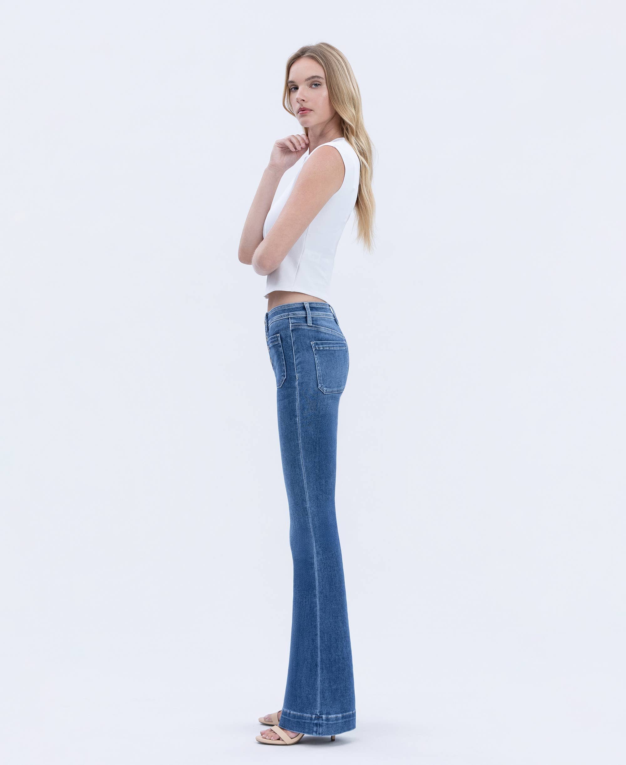 GLEEFULLY MID RISE BUTTON FLY TROUSER HEM FLARE JEANS T5848 for wholesale on Faire7
