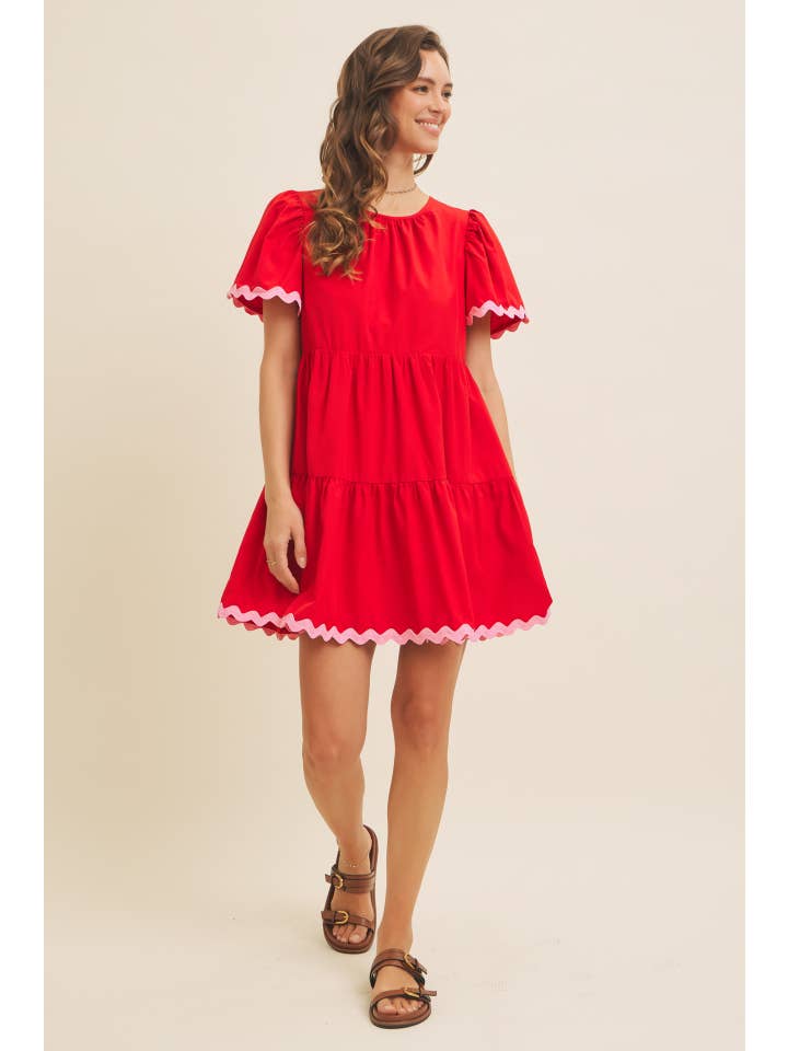 RED TIERED MINI DRESS WITH CONTRAST RIC RAC TRIM for wholesale on Faire