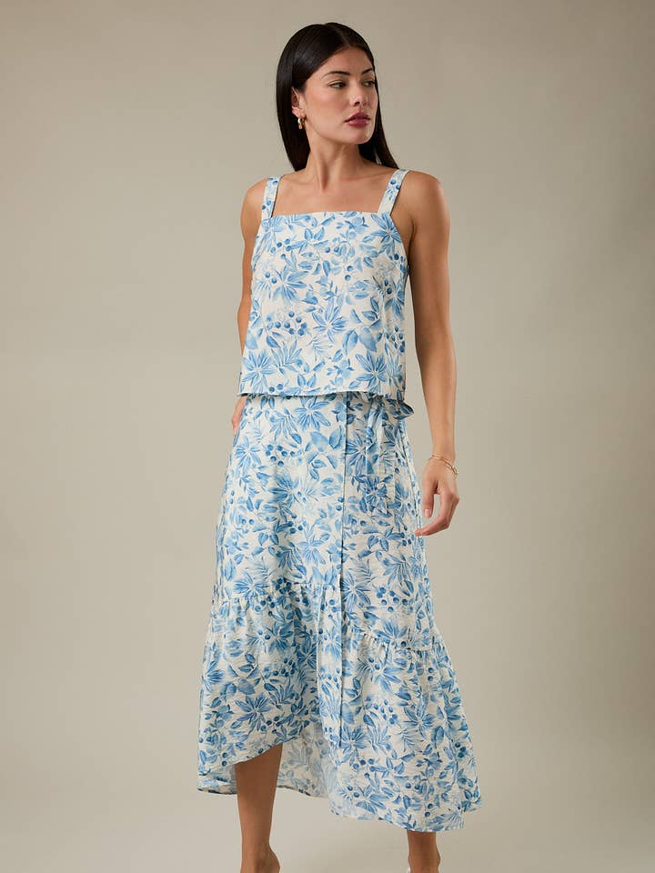 JUPE MIDI FLORALE FAUSSE PORTEFEUILLE À TAILLE HAUTE AVEC BANDE ÉLASTIQUE AU DOS pour la vente par GILLI