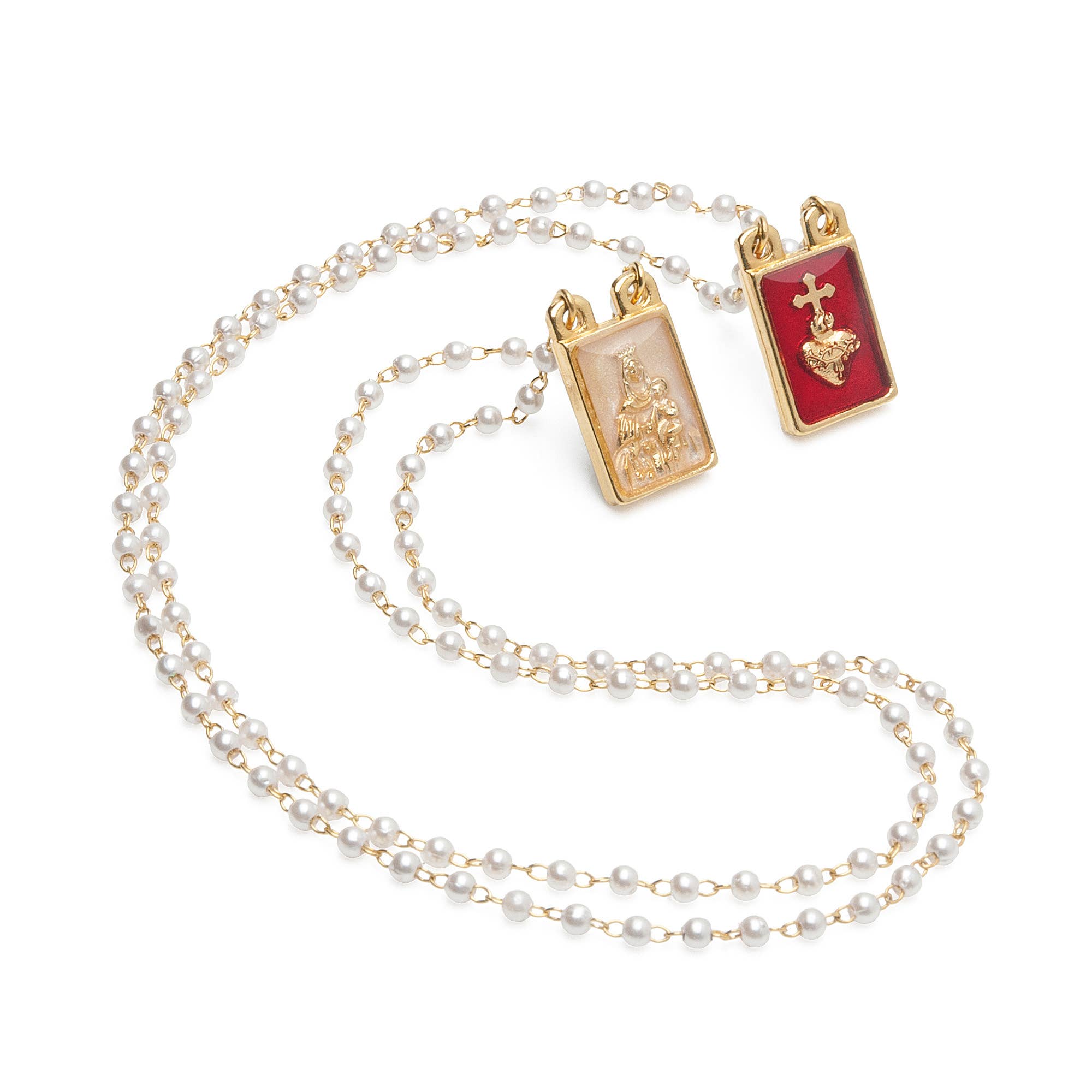 Oremus Mercy - Wholesale Prayer Beads Necklace - Lady's Scapular- Sacred Heart + Lady Mt. Carmel Pearl Beads 2