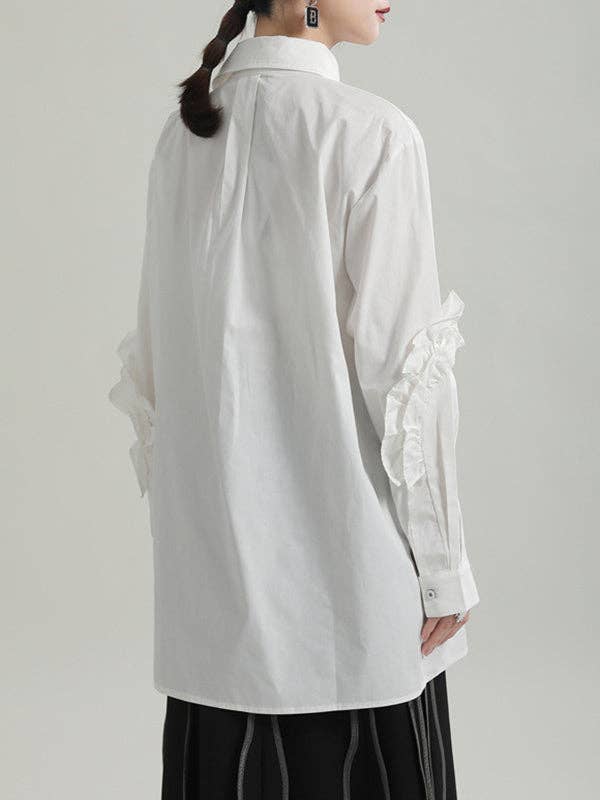 ShieldChic - Wholesale Button Down Shirt - Women's - Loose Solid Color Ruffled Irregularity Buttoned Blouses2
