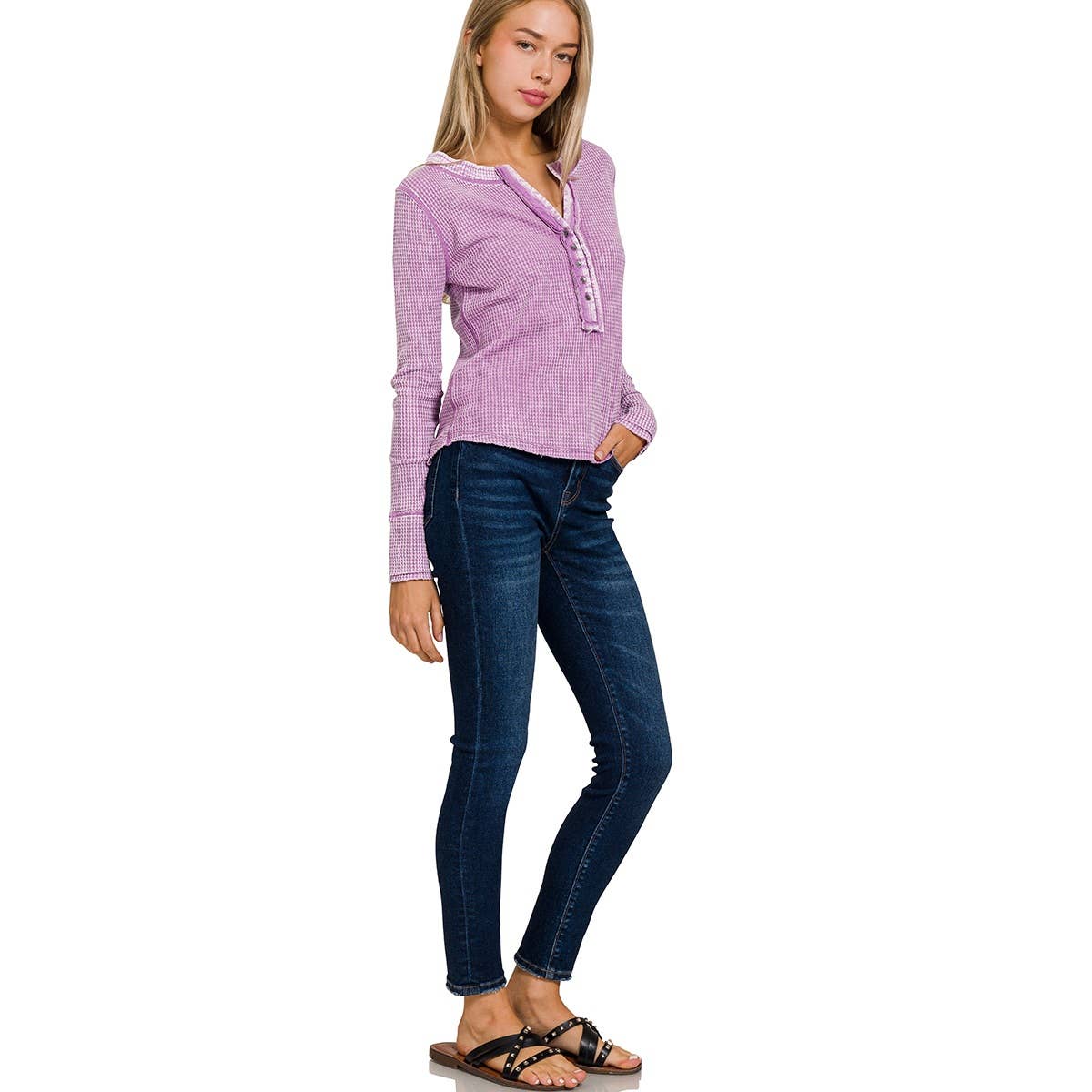 Apolline - Wholesale Knit Top - Women's - Washed Baby Waffle Henley Long Sleeve Top - Back Patch13