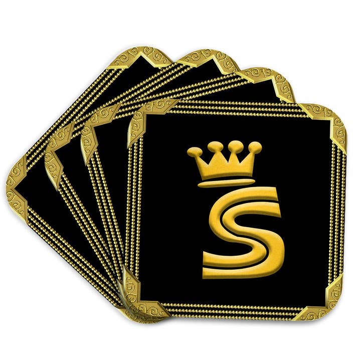 3dRose - Wholesale Coasters - 3dRose, King, queen crown, rich frame. Yellow on black. Stunning letter S, Coaster7