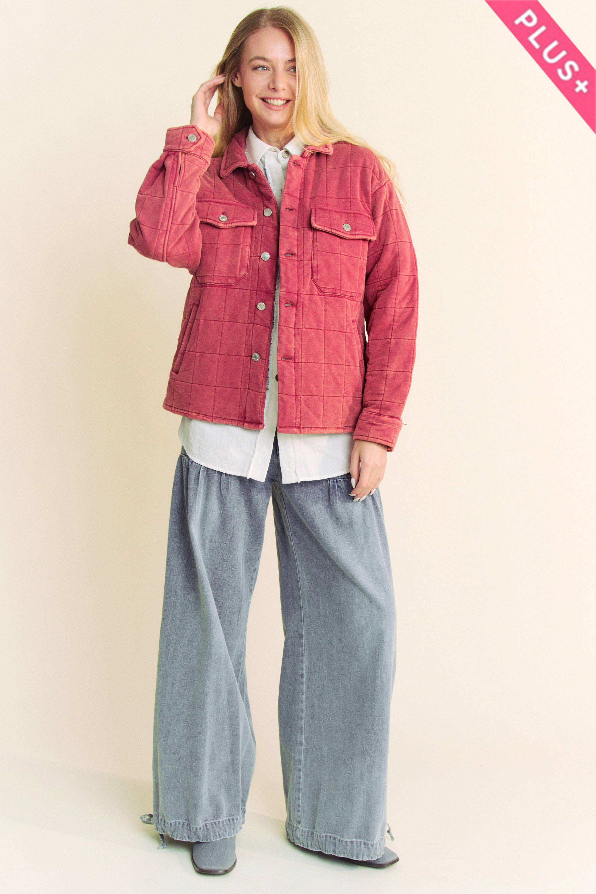 Davi & Dani - Wholesale Jacket - Women's - PLUS POCKET BUTTON FRONT SHACKET SHIRT JACKET5