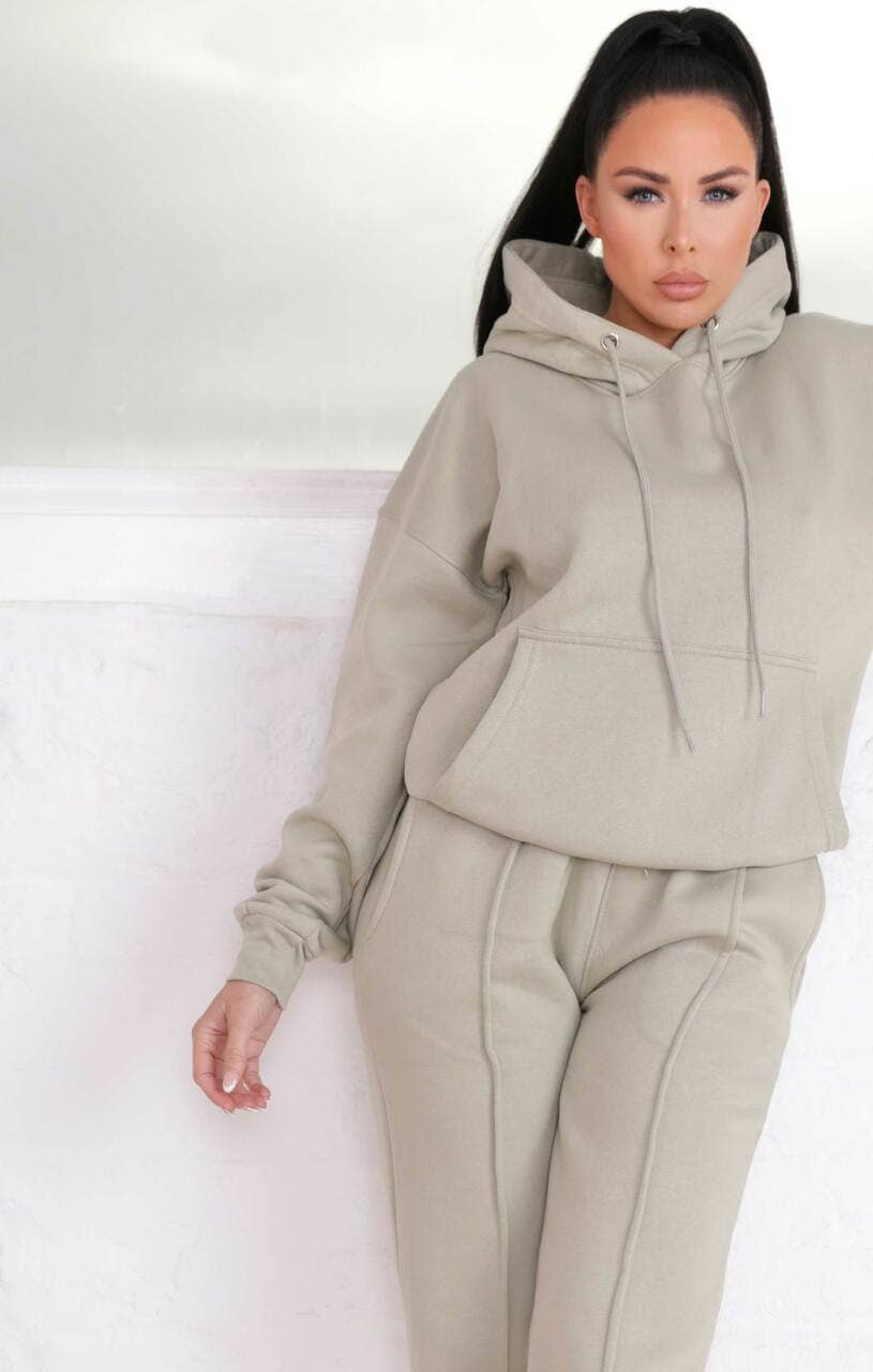 Femme Luxe - Vendita all'ingrosso Completo loungewear - Donna - Completo da casa Sage con cappuccio oversize e cuciture a vita alta con risvolto sul davanti - Martha1