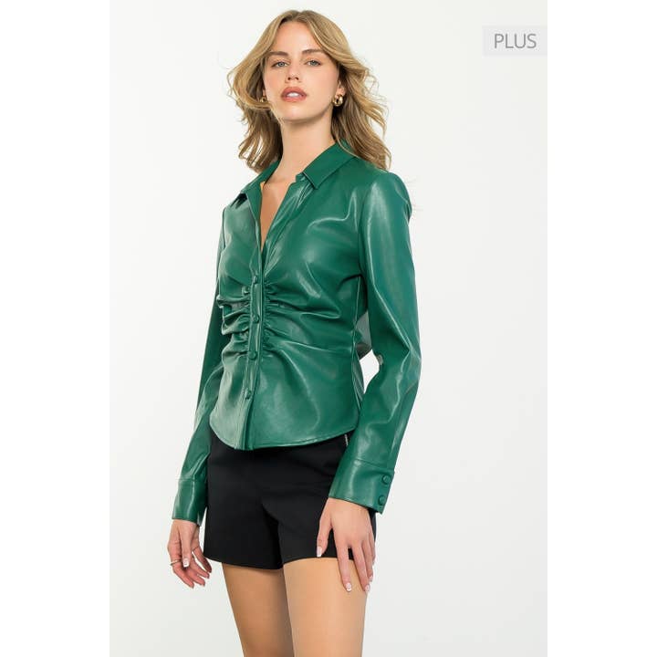 GREEN /Size XL/ Leather Button Up Long Sleeve Top for wholesale on Faire