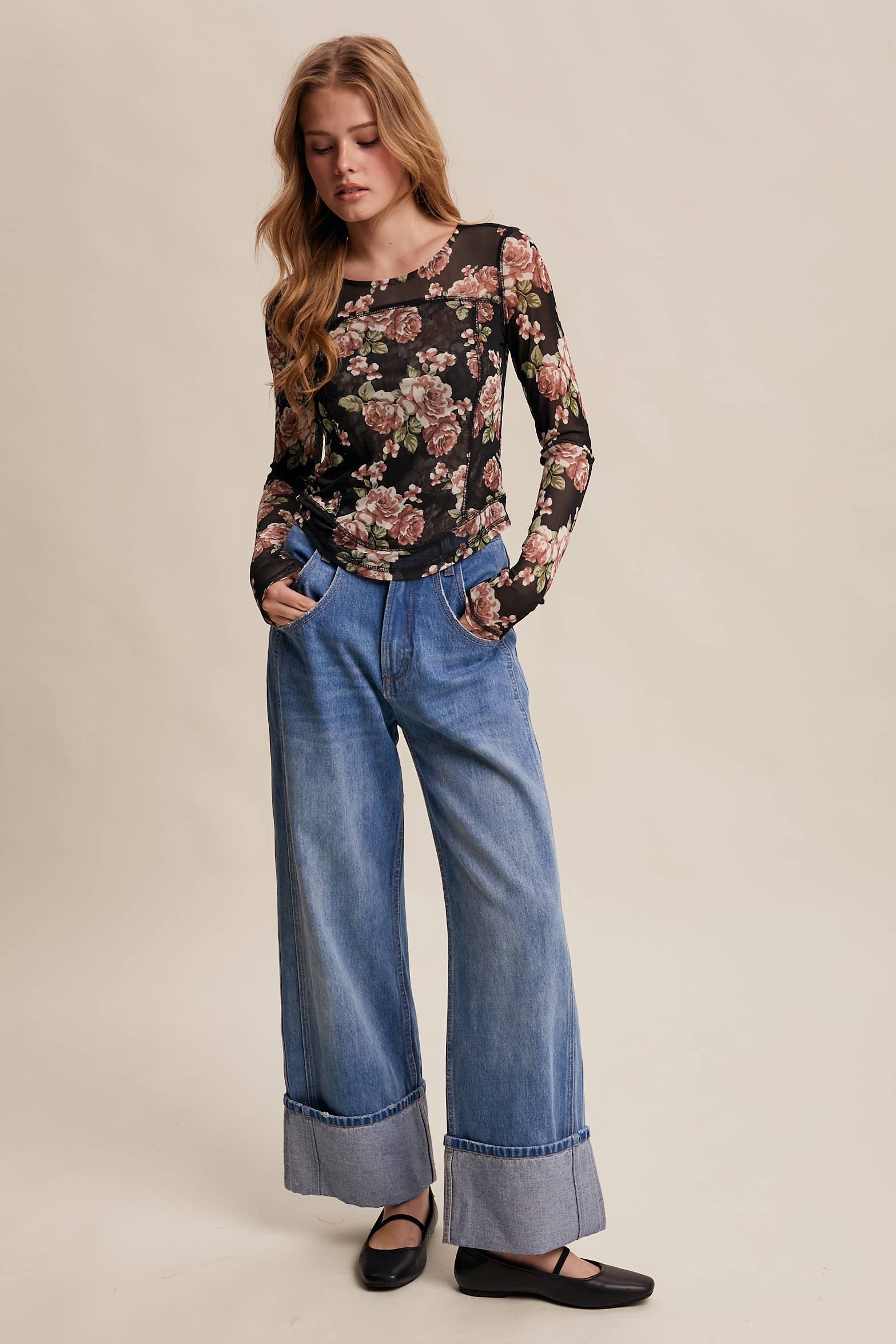 Listicle - Wholesale T-Shirt - Women's - Floral Mesh Long Sleeve Layering Top45