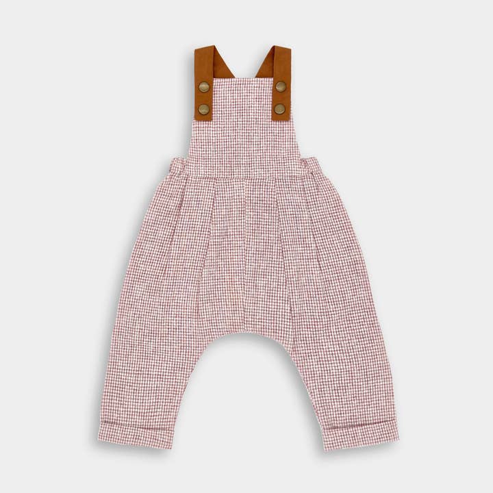 Rust Gingham Linen Long Overalls for wholesale by Lillies Dream