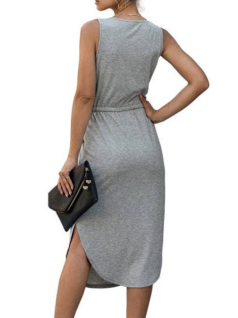 Supreme Fashion - Wholesale Dress - Women's - Solid Sleeveless Slim Waist V Neck Midi Dress