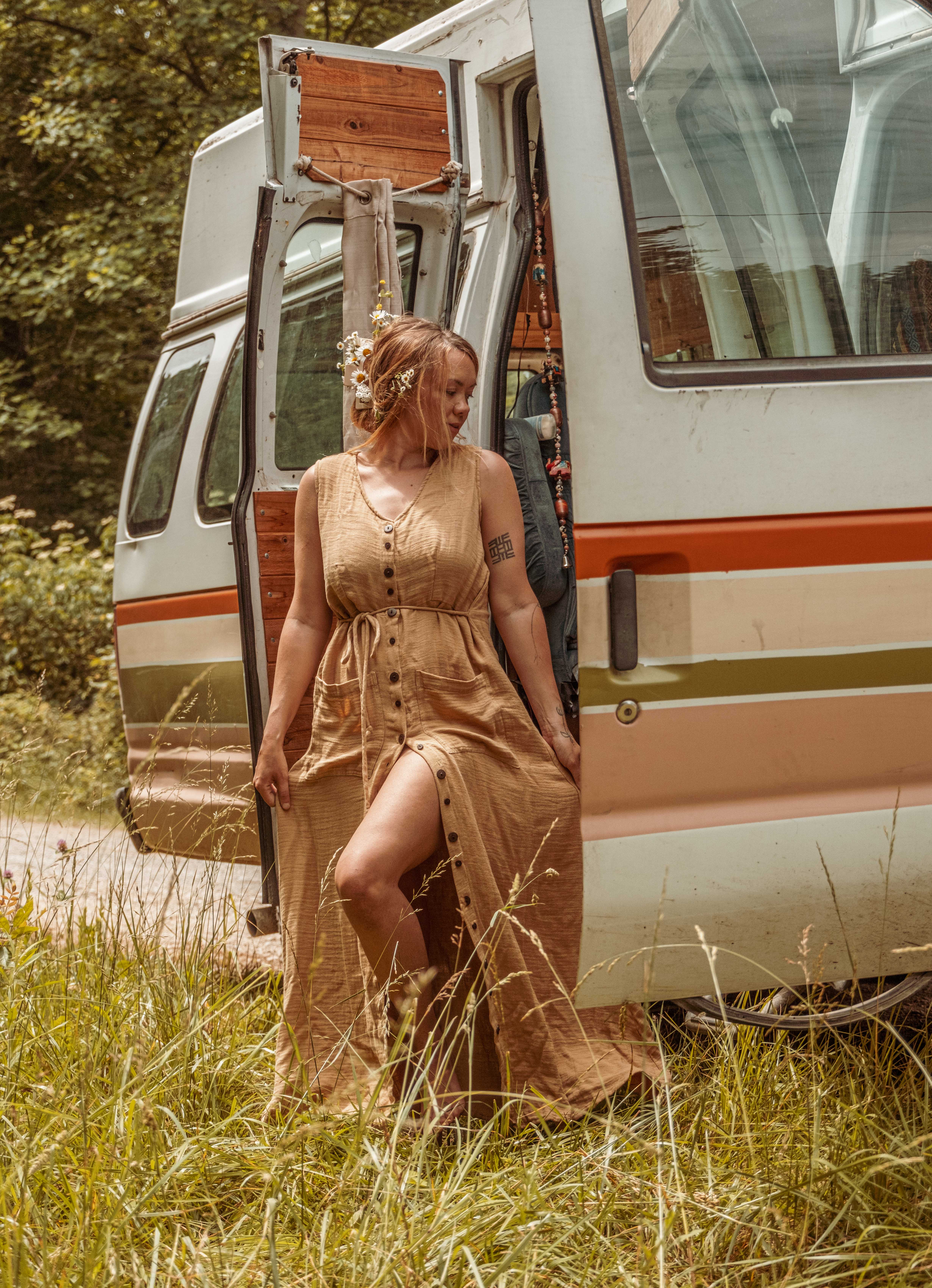 Gardenbelle Shop - Vendita all'ingrosso Vestito - Donna - Abito lungo stile bohemien in cotone biologico e bambù con bottoni, modello duster1