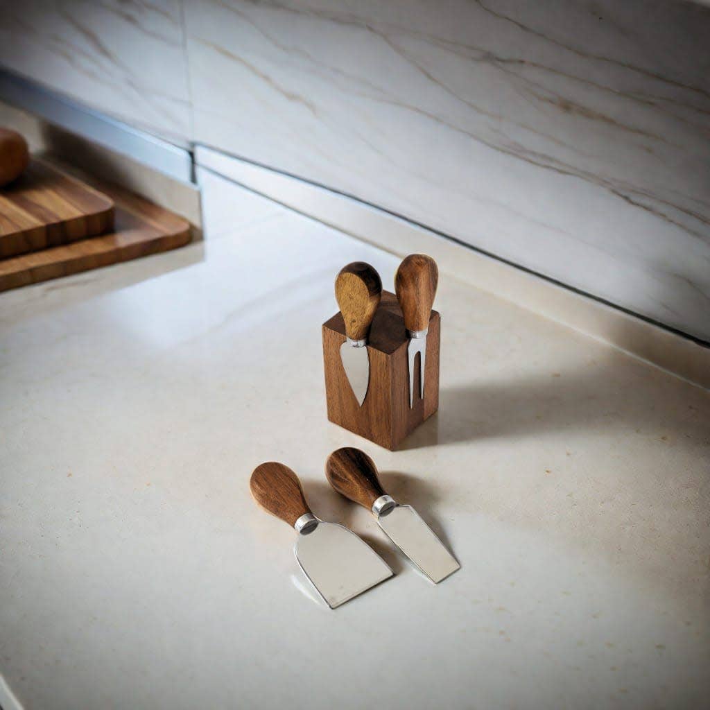 Creative Gifts International Inc. - Wholesale Cheese Spreader - Magnetic Acacia Wood Block with 4 Cheese Knives0