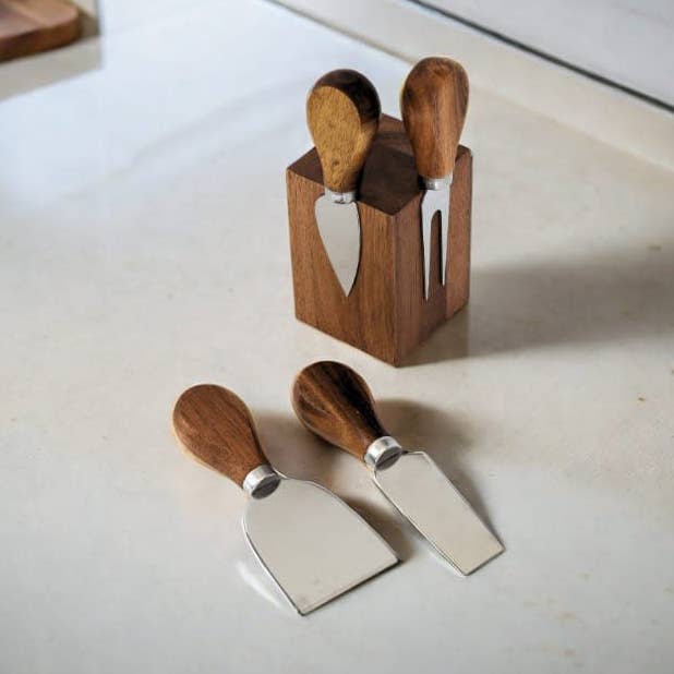 Creative Gifts International Inc. - Wholesale Cheese Spreader - Magnetic Acacia Wood Block with 4 Cheese Knives0