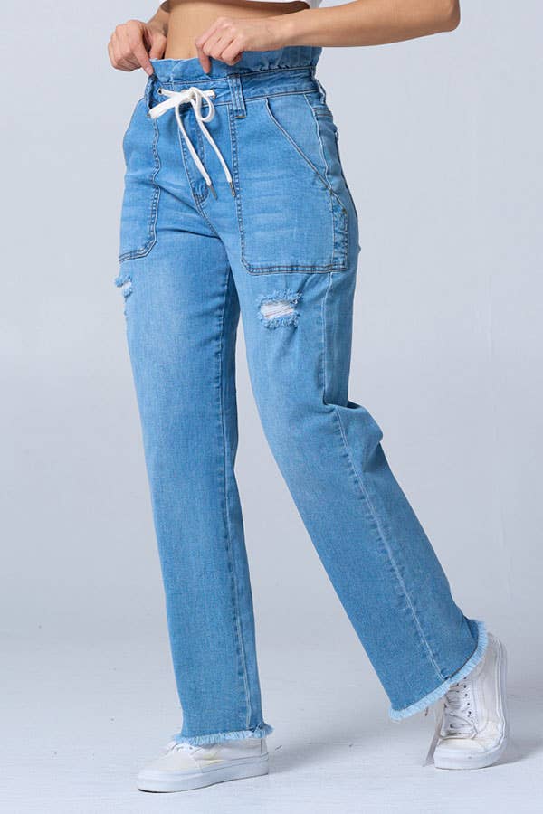 Color 5 - Wholesale Jeans - Women's - Distress fashion boot cut baggy jeans w/draw string raw edge2