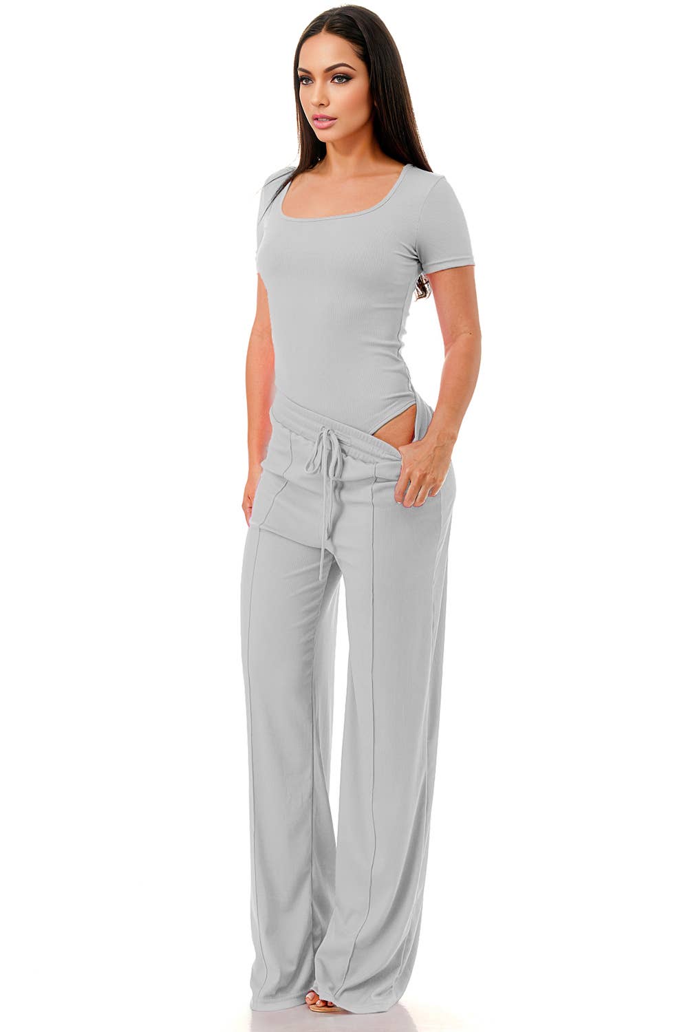 Color 5 - Wholesale Top & Pant Set (NOT Loungewear) - Women's - Slinky short sleeve body suit with flare pants fashion set4