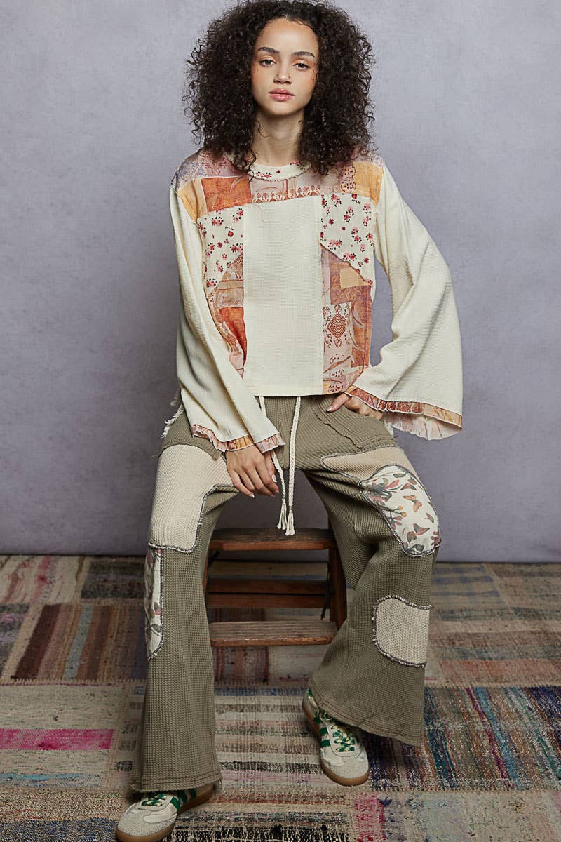 Pol Clothing - Wholesale Blouse - Women's - Long sleeve double gauze printed woven contrast top15