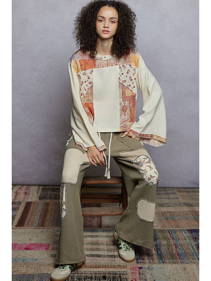 Pol Clothing - Wholesale Blouse - Women's - Long sleeve double gauze printed woven contrast top15